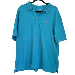 Tommy Bahama Polo‎ Shirt Turquoise Orange Logo Mens XL Tall Short Sleeve Cotton